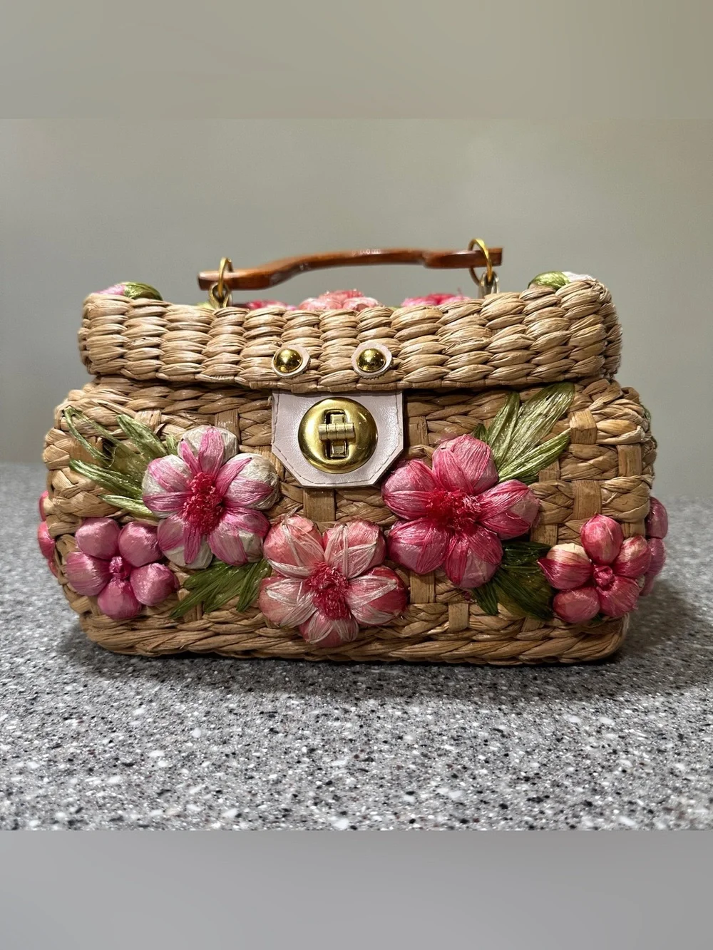 Vintage Woven Straw Basket Box Purse Handbag Wood Handle Raffia Flowers 10x6” - Picture 4 of 10